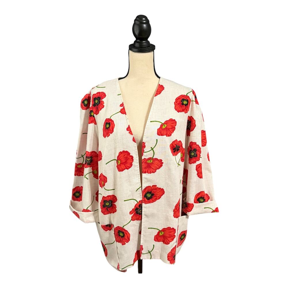 JG+ John's Girl Plus Wmn Poppy Print Flax Blend Open Front Jacket Sz 20W Pockets